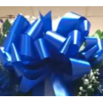 Large blue gift bow on a floral arrangement