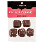 Package of sea salt caramel chocolates in dark chocolate