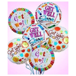 Cluster of colorful get-well balloons with ribbon strings
