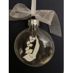 Clear glass ornament with a white ribbon bow and silhouette design