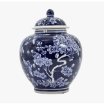 Blue-and-white ceramic lidded jar with floral pattern