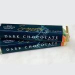 Two dark chocolate bars in dark blue wrappers