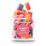 Jar of multicolor sugar-coated gummy rainbow bites with a pink label