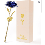Blue and gold artificial rose beside a beige gift box