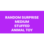 Purple card with white text reading random surprise medium stuffed animal toy