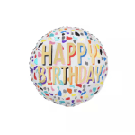 Round birthday balloon with colorful confetti and "HAPPY BIRTHDAY" text