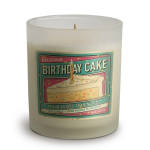 Birthday cake scented candle in a frosted glass jar