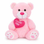 Pink teddy bear holding a heart that says I Love You