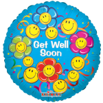 Round blue get well soon balloon with smiley flower graphics