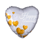 Heart-shaped silver balloon with gold and white hearts and "Happy Anniversary" text