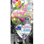 Birthday-themed heart balloons with colorful floral prints and messages