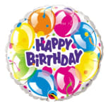 Round birthday balloon with colorful balloon graphics and "Happy Birthday" text