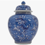 Blue-and-white decorative ceramic jar with lid and bird pattern