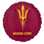 Maroon round foil balloon with Arizona State logo and text