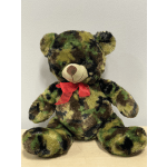 Camouflage teddy bear with a red ribbon bow