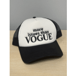 Black-and-white trucker hat with embroidered text