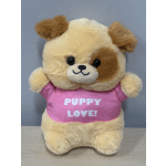 Plush puppy toy wearing a pink shirt with "PUPPY LOVE!" text
