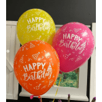 Three colorful birthday balloons with "Happy Birthday" text