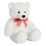 White teddy bear plush with a pink bow sitting upright against a plain background