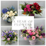 Collage of four floral arrangements in blue, pink, red, and purple tones