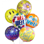Cluster of colorful get well balloons with cheerful messages