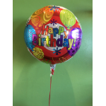Round birthday balloon with colorful "Happy Birthday" text