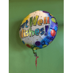 Round foil balloon reading "Get Well Wishes!"