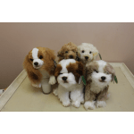 Five plush puppy toys grouped on a table