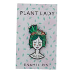 Plant Lady enamel pin on a patterned backing card