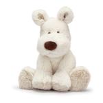 White plush dog with brown nose sitting on a white background