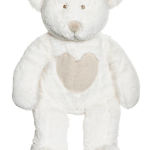 White plush teddy bear with a beige heart on its chest