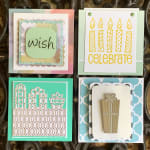 Four handmade greeting cards with wish, celebrate, cactus, and gift designs