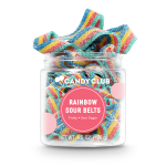 Clear jar filled with colorful rainbow sour belt candies with a pink round label on the front