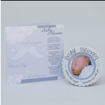 Baby in Heaven memorial card and round photo frame with a sleeping infant