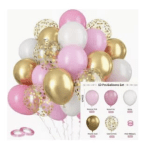 Cluster of pink, white, and gold balloons with confetti balloons and ribbon ties