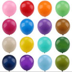 Assorted colorful balloons arranged in a grid on a white background