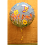 Blue get well balloon with flowers and butterflies