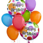 Cluster of colorful birthday balloons with two printed "Happy Birthday" balloons