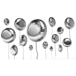 Silver balloons with thin black strings on a white background