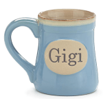 Blue ceramic mug with the name Gigi on the front