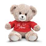 Teddy bear wearing a red shirt with "Te Amo" text