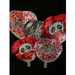 Four heart-shaped Valentine balloons with love and panda designs
