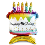 Birthday cake-shaped foil balloon with candles and "Happy Birthday" text