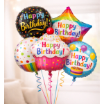 Round birthday balloon with colorful "Happy Birthday!" text
