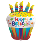 Birthday cake-shaped foil balloon with colorful candles and "Happy Birthday" text