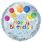 Round birthday balloon with colorful confetti and "Happy Birthday!" text