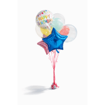 Birthday balloon bouquet with a blue star balloon and a printed Happy Birthday balloon