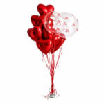 Cluster of red heart balloons with two clear balloons