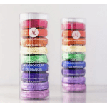 Two clear tubes of colorful stacked chocolates
