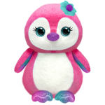 Pink and white plush penguin with glittery accents and a flower on its head